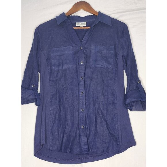 JM Collection Tunic Button Down Linen/Cotton Roll Tap Sleeve Relaxed Fit‎ Size 4 - Picture 1 of 8